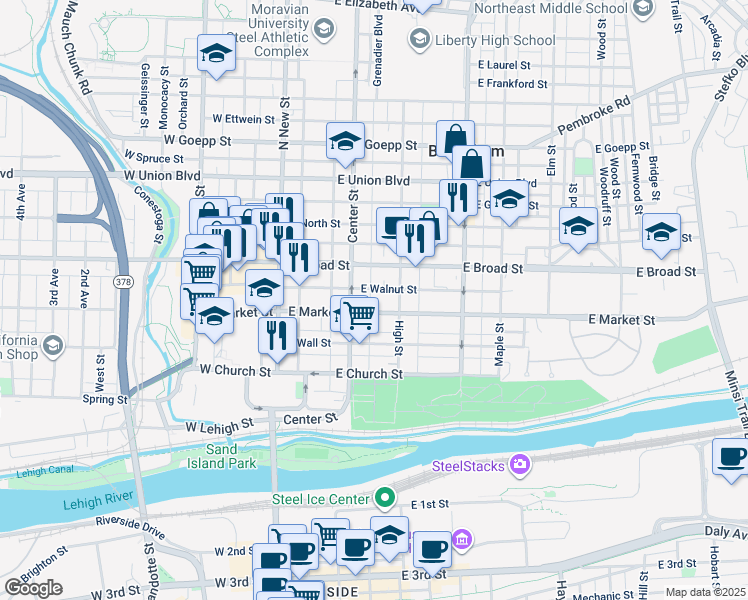 map of restaurants, bars, coffee shops, grocery stores, and more near 528 Center Street in Bethlehem
