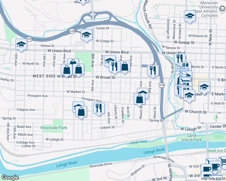 map of restaurants, bars, coffee shops, grocery stores, and more near 519 5th Avenue in Bethlehem