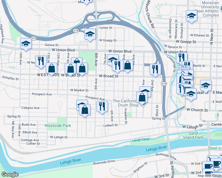 map of restaurants, bars, coffee shops, grocery stores, and more near 520 7th Avenue in Bethlehem