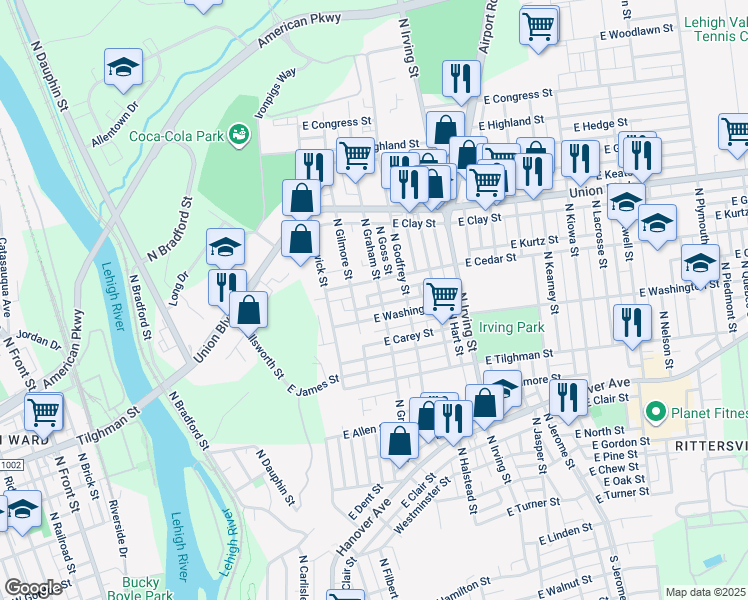 map of restaurants, bars, coffee shops, grocery stores, and more near 702 East Cedar Street in Allentown