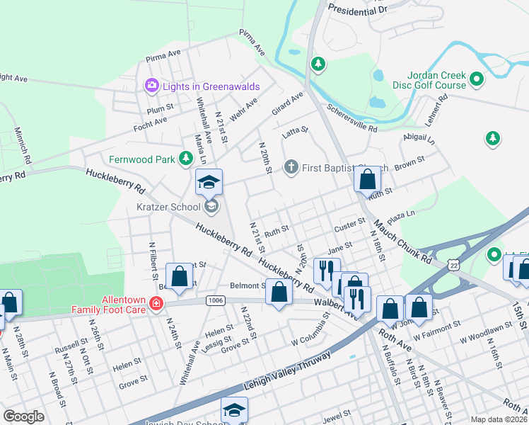 map of restaurants, bars, coffee shops, grocery stores, and more near 1823 North 21st Street in Allentown