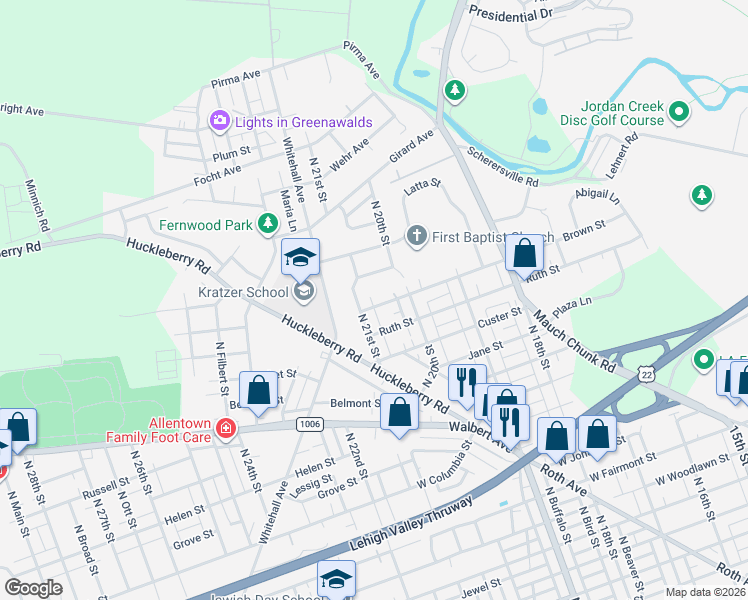 map of restaurants, bars, coffee shops, grocery stores, and more near 1823 North 21st Street in Allentown