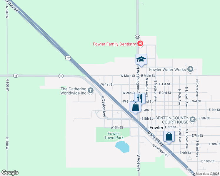 map of restaurants, bars, coffee shops, grocery stores, and more near 307 West 1st Street in Fowler