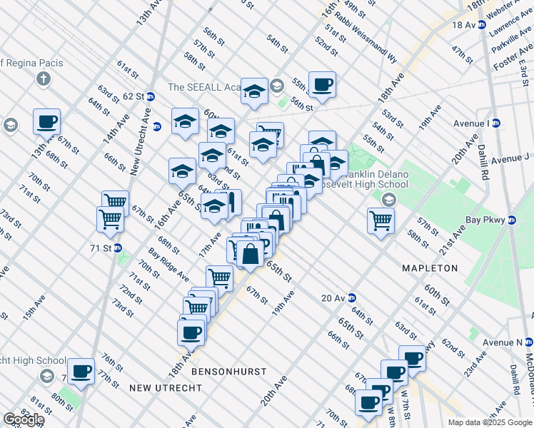 map of restaurants, bars, coffee shops, grocery stores, and more near 1747 63rd Street in Brooklyn