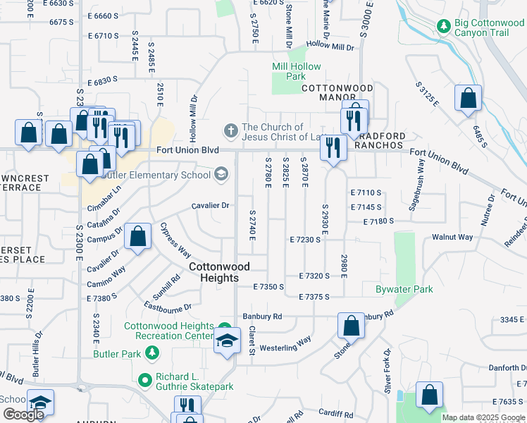 map of restaurants, bars, coffee shops, grocery stores, and more near 7131 South 2780 East in Cottonwood Heights