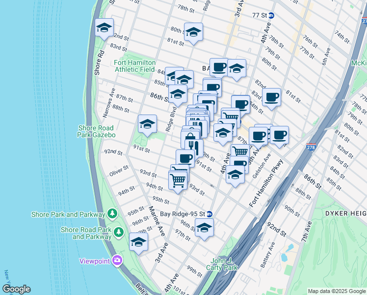 map of restaurants, bars, coffee shops, grocery stores, and more near 255 90th Street in Brooklyn