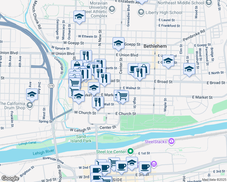 map of restaurants, bars, coffee shops, grocery stores, and more near 53 East Market Street in Bethlehem