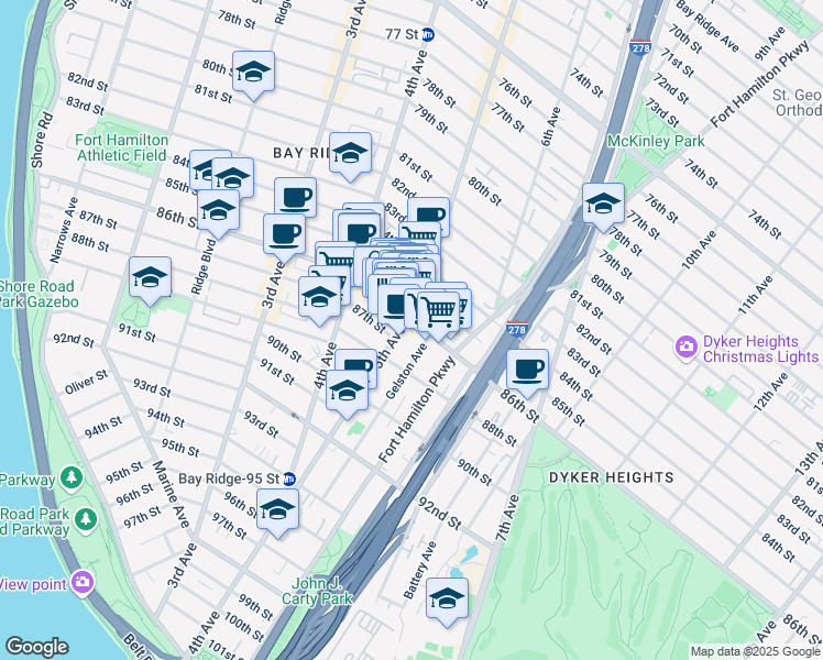 map of restaurants, bars, coffee shops, grocery stores, and more near 8515 5th Avenue in Brooklyn