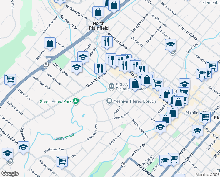 map of restaurants, bars, coffee shops, grocery stores, and more near 195 Grove Street in North Plainfield