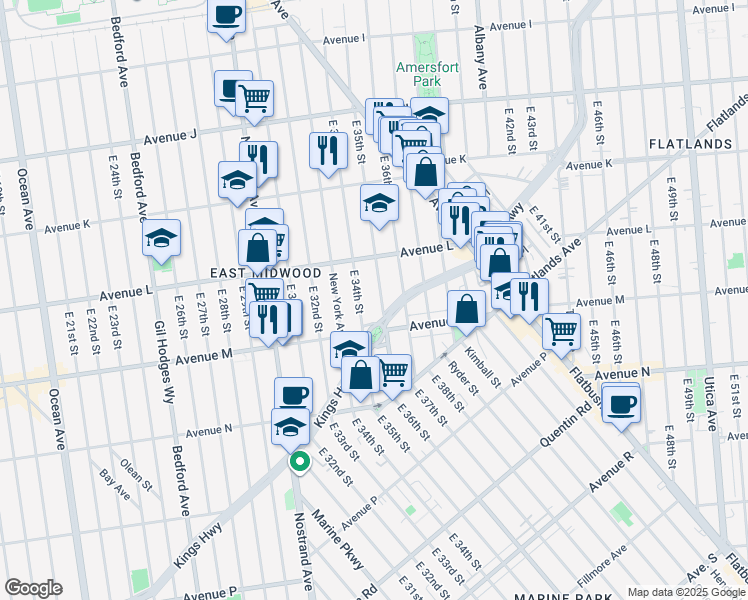 map of restaurants, bars, coffee shops, grocery stores, and more near 1350 East 35th Street in Brooklyn