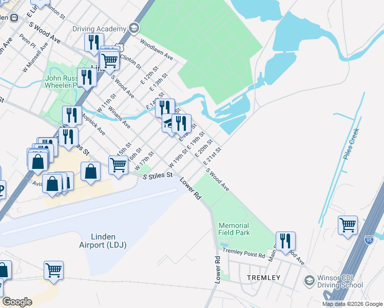 map of restaurants, bars, coffee shops, grocery stores, and more near 1837 South Wood Avenue in Linden