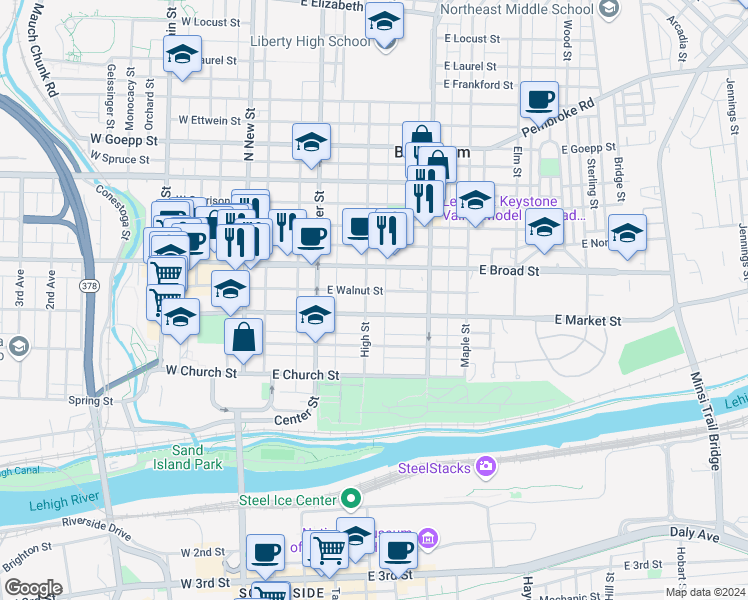 map of restaurants, bars, coffee shops, grocery stores, and more near in Bethlehem