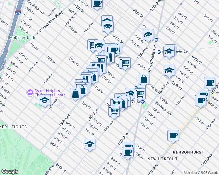 map of restaurants, bars, coffee shops, grocery stores, and more near 1367 72nd Street in Brooklyn