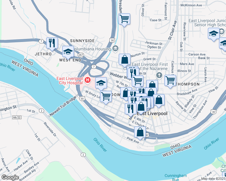 map of restaurants, bars, coffee shops, grocery stores, and more near 301 West 6th Street in East Liverpool