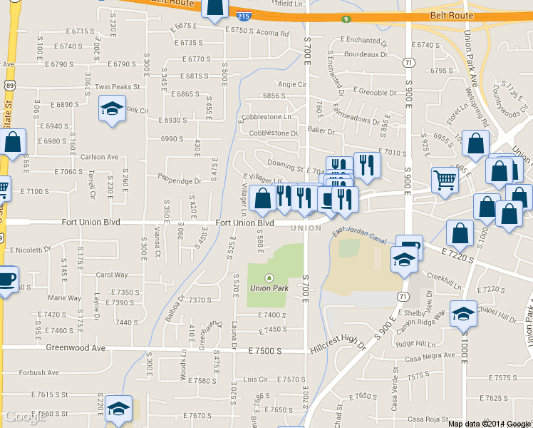 map of restaurants, bars, coffee shops, grocery stores, and more near 595 Fort Union Blvd in Midvale