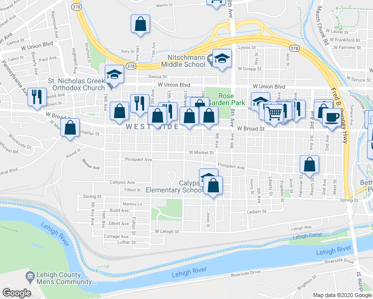 map of restaurants, bars, coffee shops, grocery stores, and more near 1134 West Market Street in Bethlehem