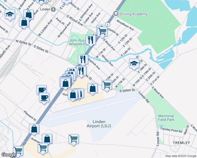 map of restaurants, bars, coffee shops, grocery stores, and more near in Linden