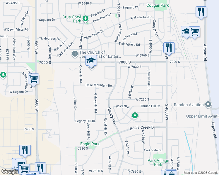 map of restaurants, bars, coffee shops, grocery stores, and more near 5151 Case Mountain Road in West Jordan