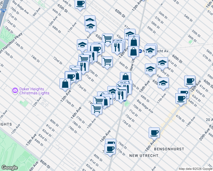 map of restaurants, bars, coffee shops, grocery stores, and more near 1434 70th Street in Brooklyn