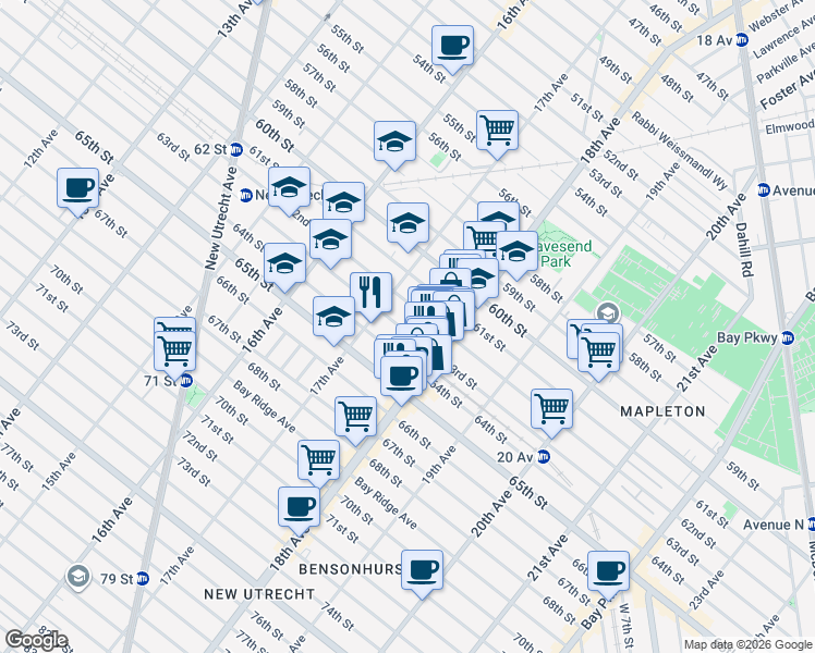 map of restaurants, bars, coffee shops, grocery stores, and more near 1717 63rd Street in Brooklyn
