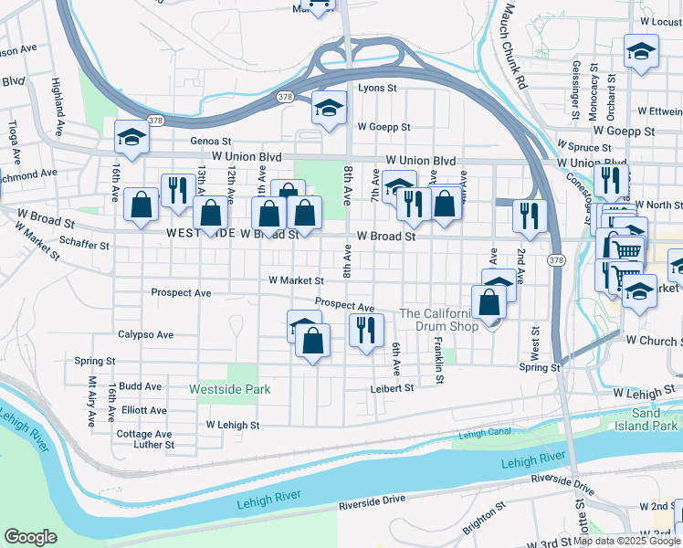 map of restaurants, bars, coffee shops, grocery stores, and more near 518 8th Avenue in Bethlehem