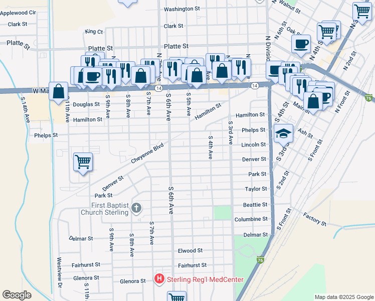 map of restaurants, bars, coffee shops, grocery stores, and more near 425 Lincoln Street in Sterling