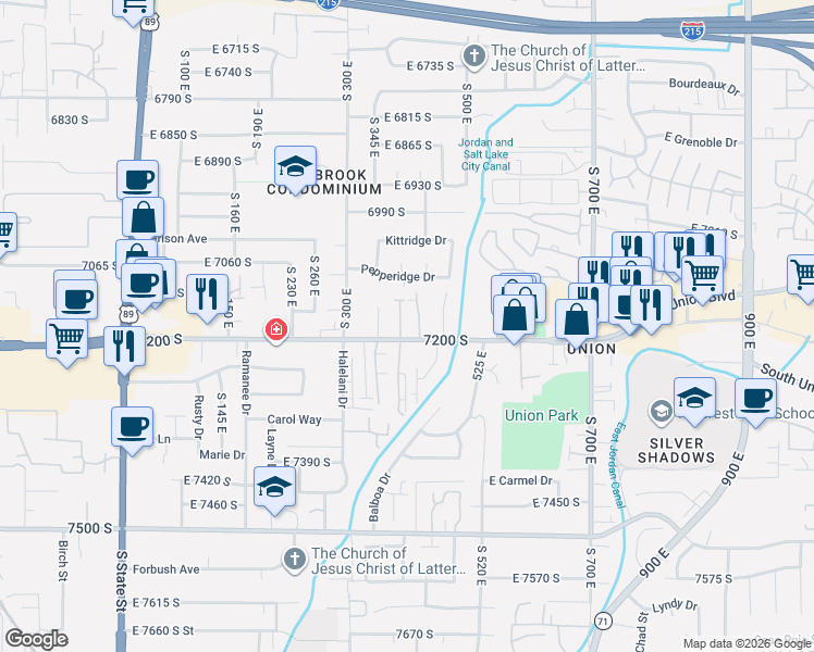 map of restaurants, bars, coffee shops, grocery stores, and more near 7183 South Villa Place Drive in Midvale