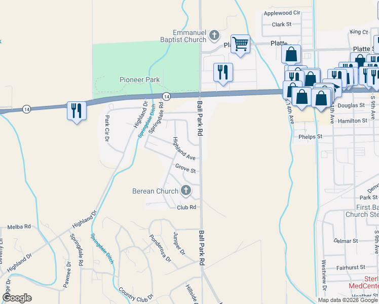 map of restaurants, bars, coffee shops, grocery stores, and more near 101 Parkview Drive in Sterling