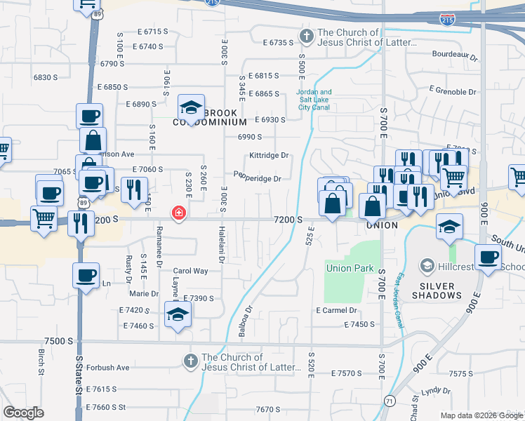 map of restaurants, bars, coffee shops, grocery stores, and more near 7170 South 420 East in Midvale