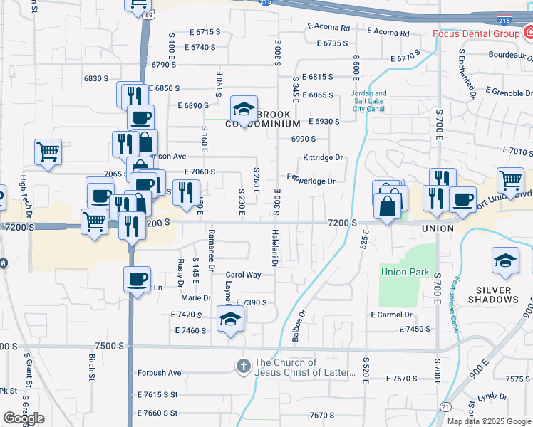 map of restaurants, bars, coffee shops, grocery stores, and more near 7150 South 300 East in Midvale