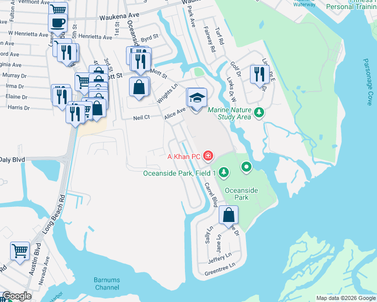 map of restaurants, bars, coffee shops, grocery stores, and more near 3694 Carrel Boulevard in Oceanside