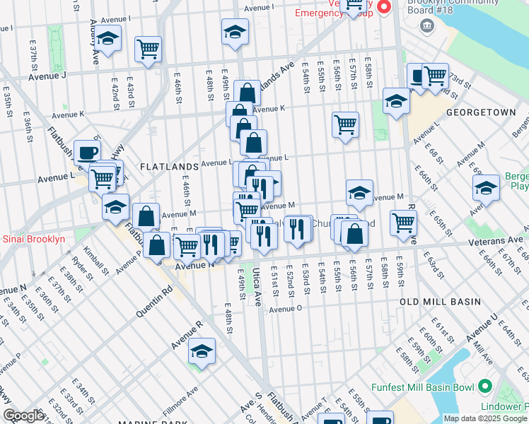map of restaurants, bars, coffee shops, grocery stores, and more near 5023 Avenue M in Brooklyn