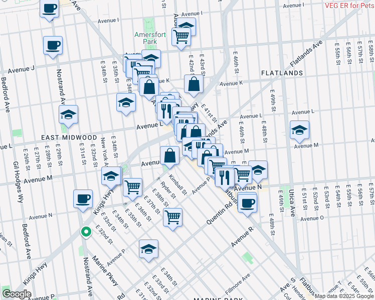 map of restaurants, bars, coffee shops, grocery stores, and more near 1970 Flatbush Avenue in Brooklyn