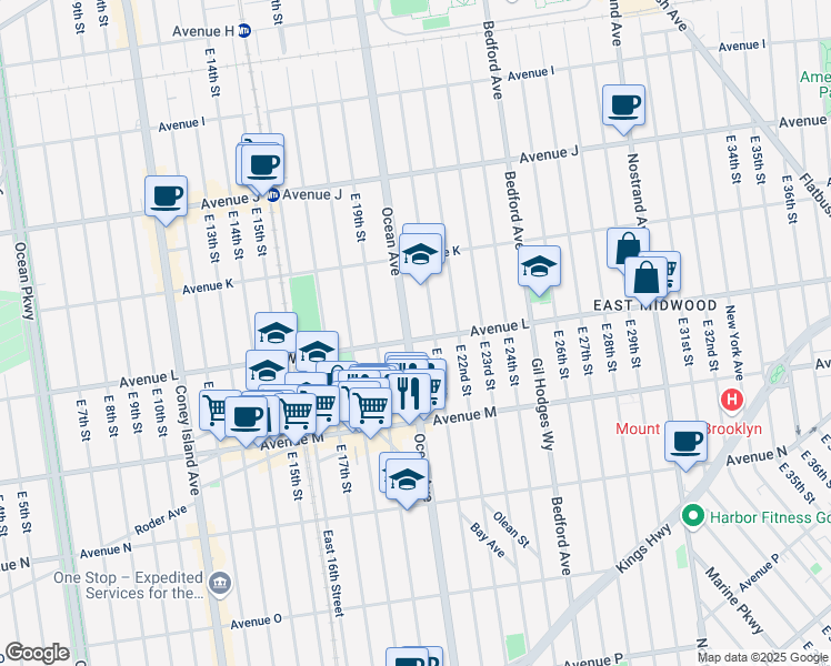map of restaurants, bars, coffee shops, grocery stores, and more near 1301 East 21st Street in Brooklyn