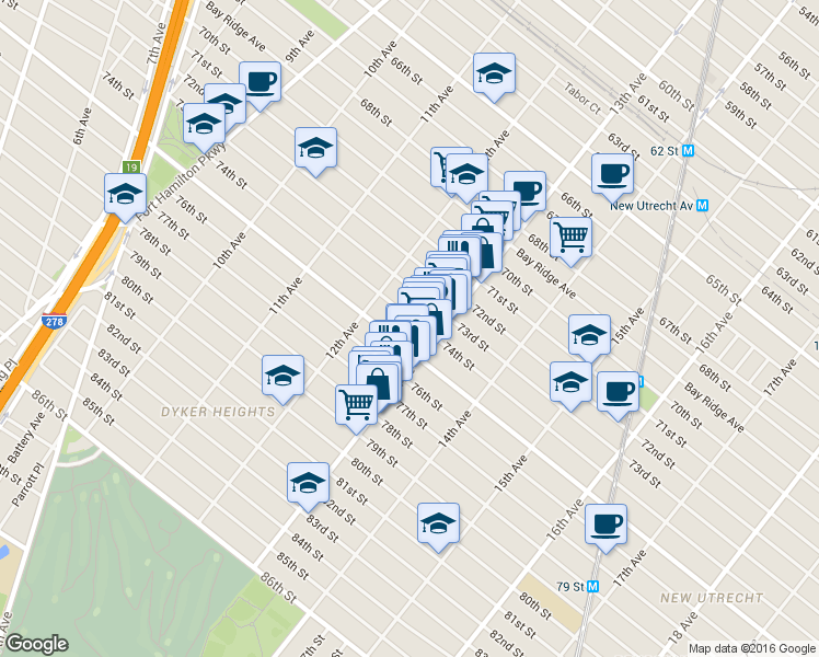 map of restaurants, bars, coffee shops, grocery stores, and more near 1232 74th Street in Brooklyn
