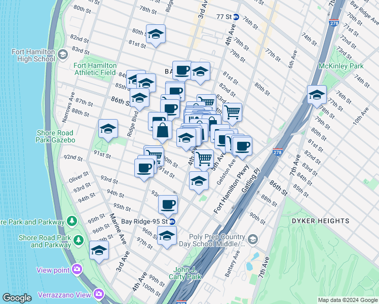 map of restaurants, bars, coffee shops, grocery stores, and more near 8812-14 4th Avenue in Brooklyn