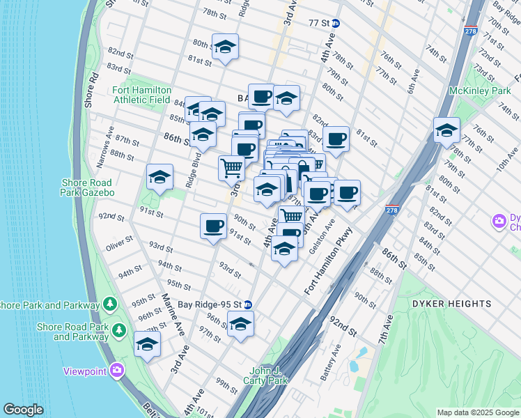 map of restaurants, bars, coffee shops, grocery stores, and more near 8812-14 4th Avenue in Brooklyn