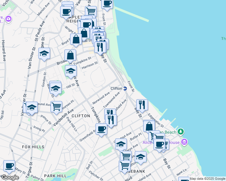 map of restaurants, bars, coffee shops, grocery stores, and more near 25 Norwood Avenue in Staten Island