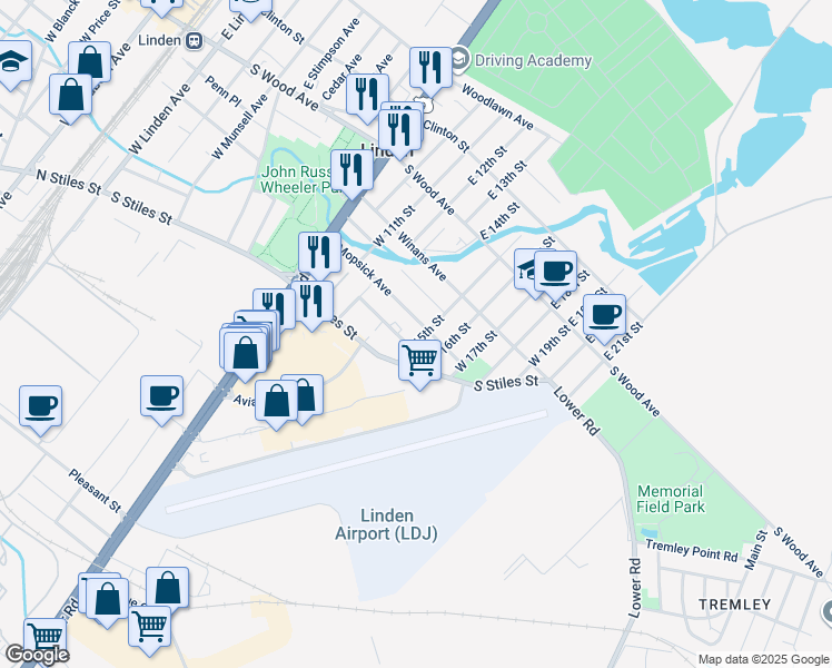 map of restaurants, bars, coffee shops, grocery stores, and more near 1408 Mopsick Avenue in Linden