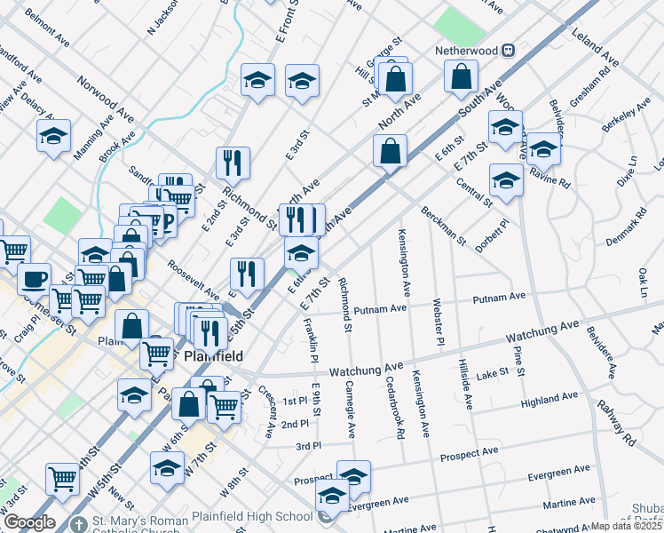map of restaurants, bars, coffee shops, grocery stores, and more near 601-03 Richmond Street in Plainfield