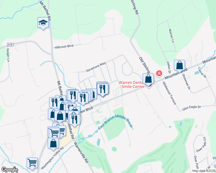 map of restaurants, bars, coffee shops, grocery stores, and more near 8 Primrose Way in Warren
