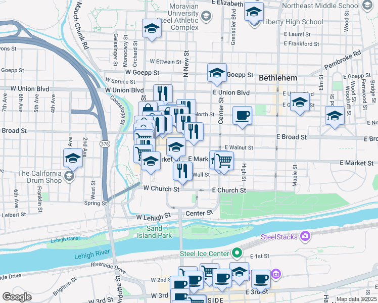 map of restaurants, bars, coffee shops, grocery stores, and more near 538 North New Street in Bethlehem