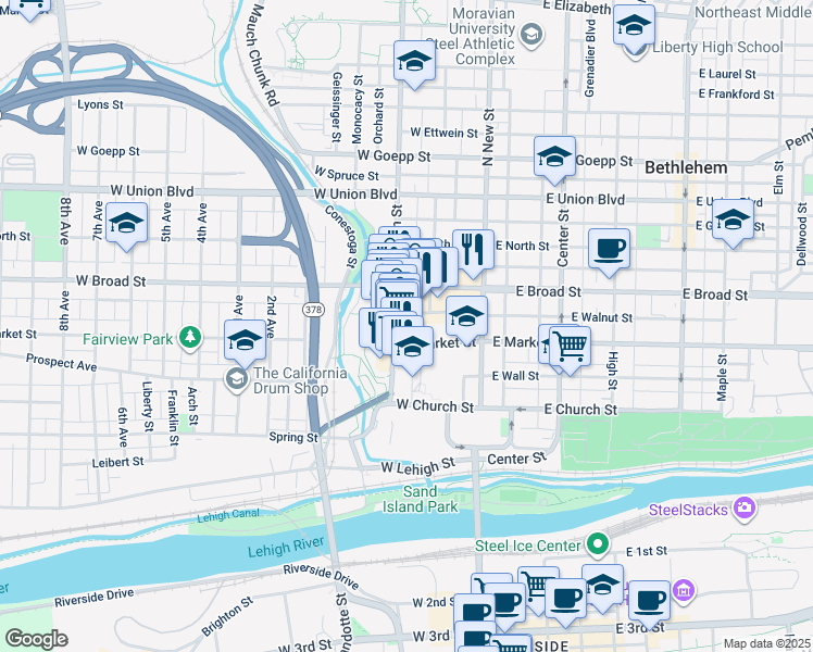 map of restaurants, bars, coffee shops, grocery stores, and more near 77 West Broad Street in Bethlehem