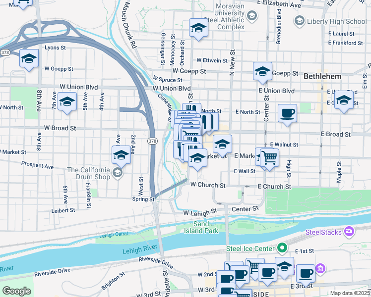 map of restaurants, bars, coffee shops, grocery stores, and more near 533 Main Street in Bethlehem