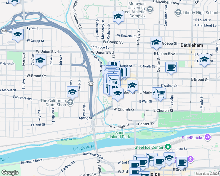 map of restaurants, bars, coffee shops, grocery stores, and more near 533 Main Street in Bethlehem