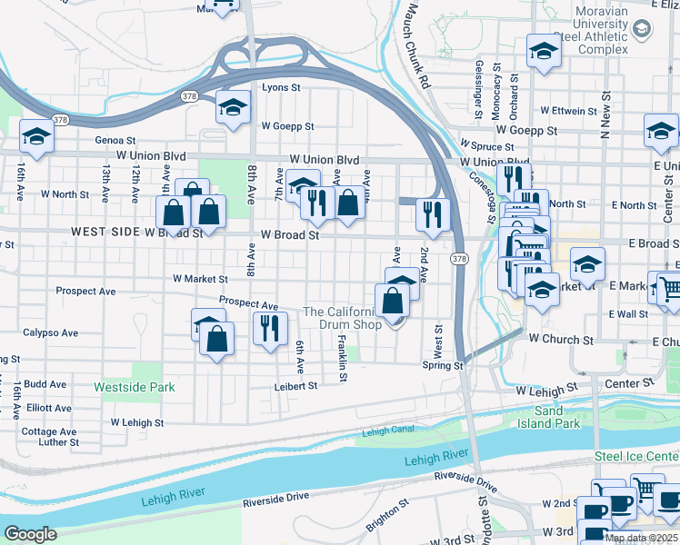 map of restaurants, bars, coffee shops, grocery stores, and more near 519 5th Avenue in Bethlehem