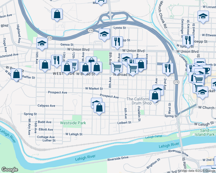 map of restaurants, bars, coffee shops, grocery stores, and more near 518 9th Avenue in Bethlehem