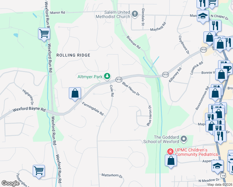 map of restaurants, bars, coffee shops, grocery stores, and more near 602 Willet Drive in Wexford