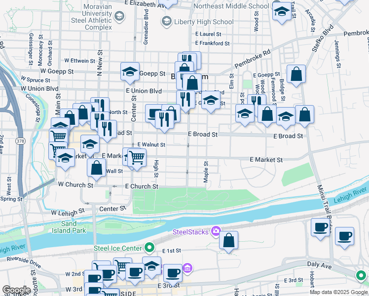 map of restaurants, bars, coffee shops, grocery stores, and more near 521 Linden Street in Bethlehem