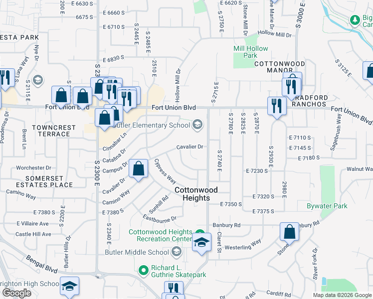 map of restaurants, bars, coffee shops, grocery stores, and more near 2622 Cavalier Drive in Salt Lake City
